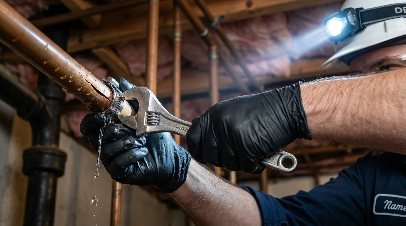 Emergency pipe clamp repair being performed by a Johns Plumbing LLC plumber in Lancaster