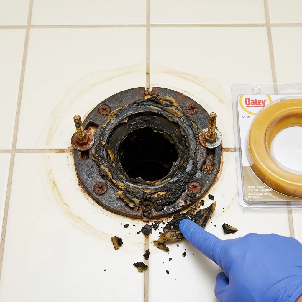 Failed wax ring showing water seepage at the base of a toilet in a Lancaster, NH home